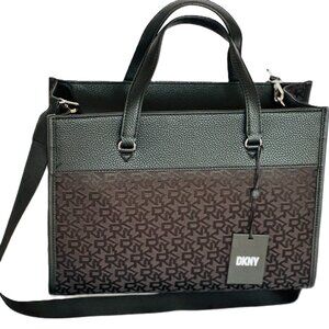 DKNY Black Logo Canvas & Leather Trim Tote Bag with Top Handles and Crossbody St